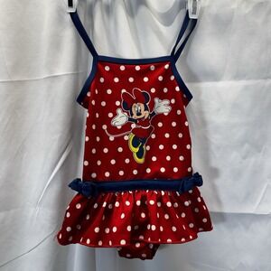 Disney Store Girls Minnie Mouse Polka Dot Swimsuit with Skirted Bottom Red Navy